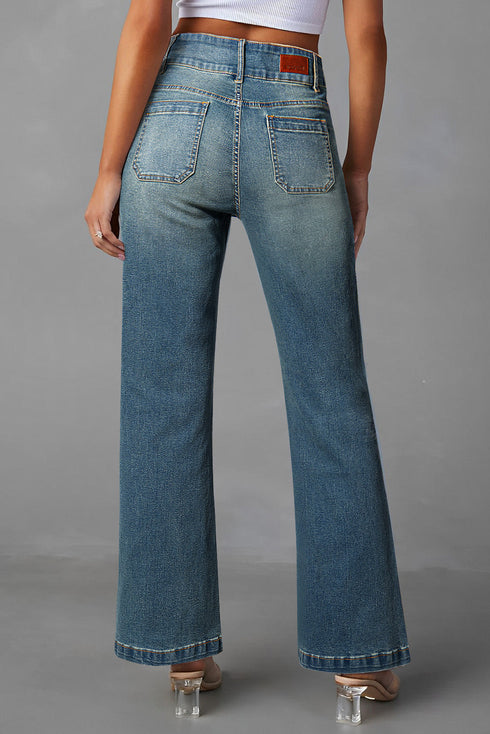 Vintage Wash Double Button Front Patch Pocket Flare Jeans
